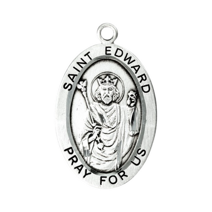 Saint Edward Sterling Silver Oval Medal Necklace — 24" Chain, Gift Box Included