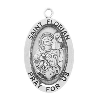 Saint Florian Sterling Silver Oval Medal — 24" Chain, Made in USA, Gift Box