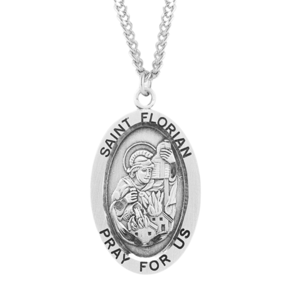 Patron Saint Florian Oval Sterling Silver Medal, Catholic Gift, Made in USA
