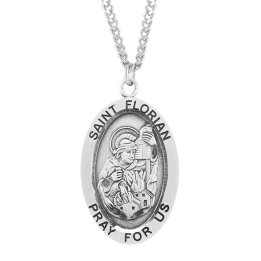 Patron Saint Florian Oval Sterling Silver Medal, Catholic Gift, Made in USA