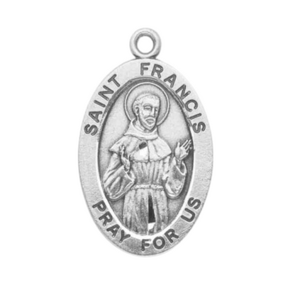 Saint Francis Sterling Silver Oval Medal Necklace — 24" Chain, Gift Box