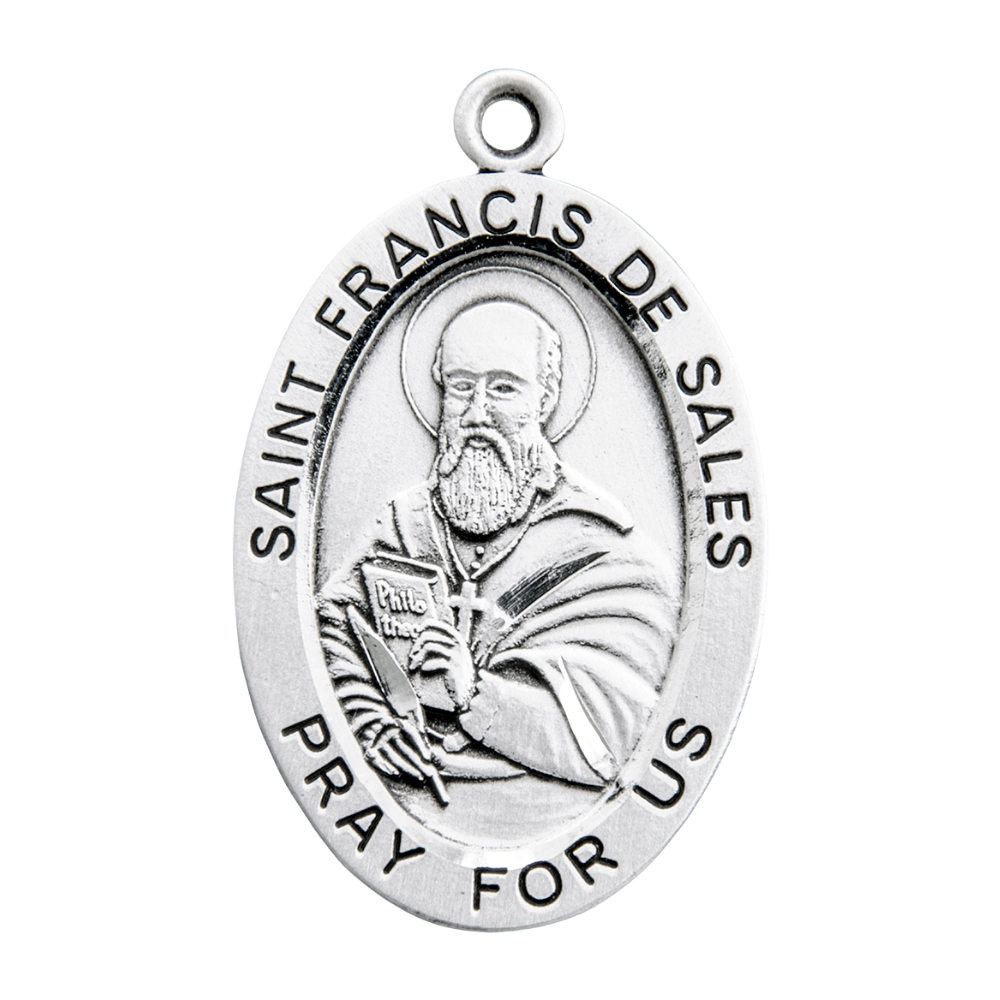 Saint Francis De Sales Sterling Silver Oval Medal — 20in Chain, USA Made, Gift Box