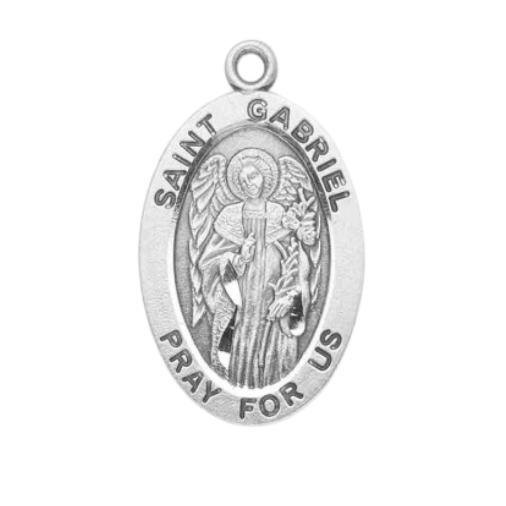 Saint Gabriel Sterling Silver Oval Medal Necklace — 24" Chain, Gift Box