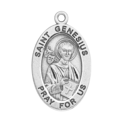 Patron Saint Genesius Oval Sterling Silver Medal Necklace — 24" Chain, Gift Box
