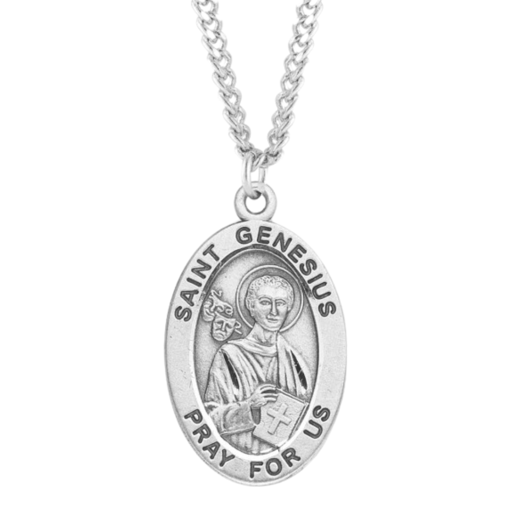 Patron Saint Genesius Oval Sterling Silver Medal, Catholic Gift, Made in USA