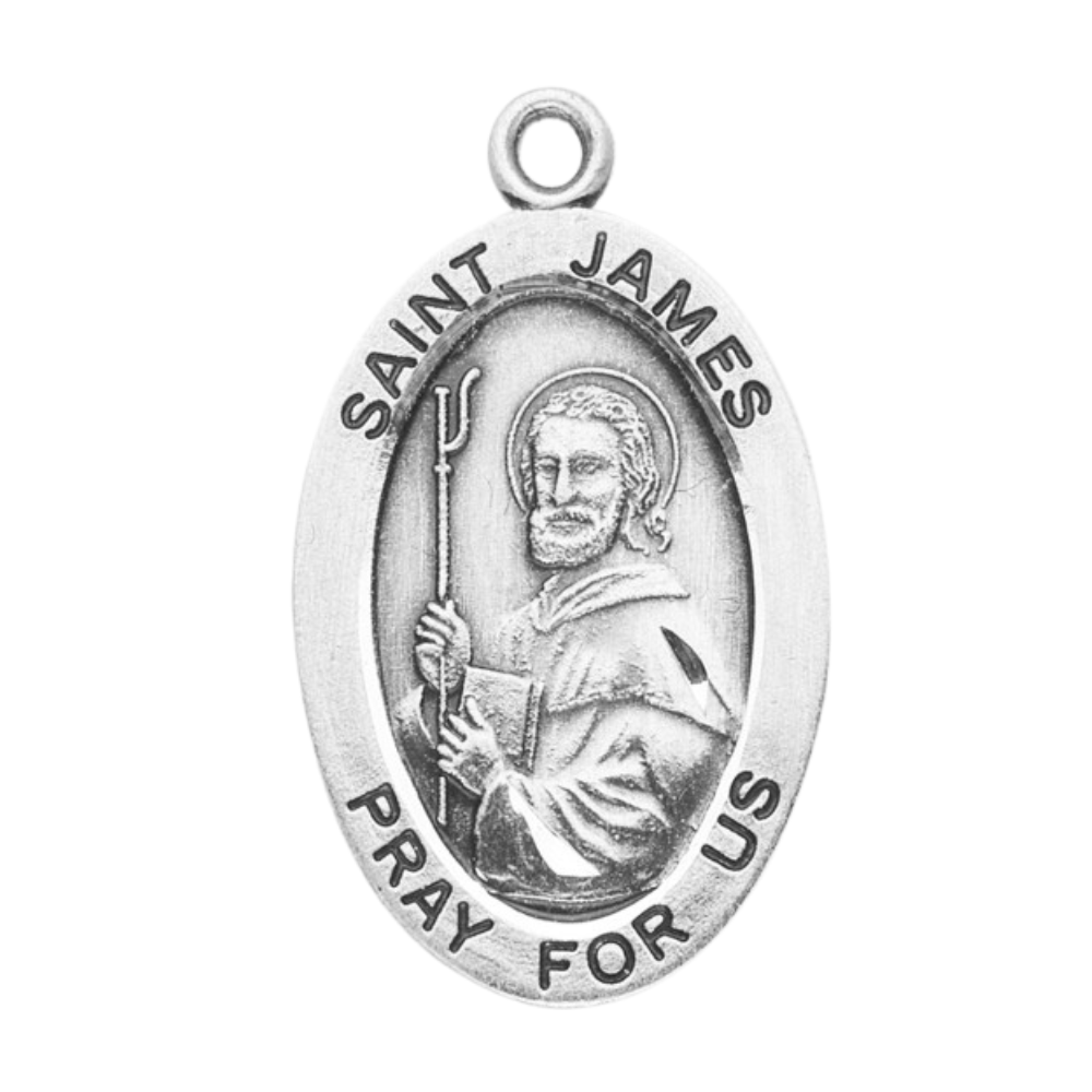 Saint James Sterling Silver Oval Medal Necklace — 24" Chain, Gift Box Included