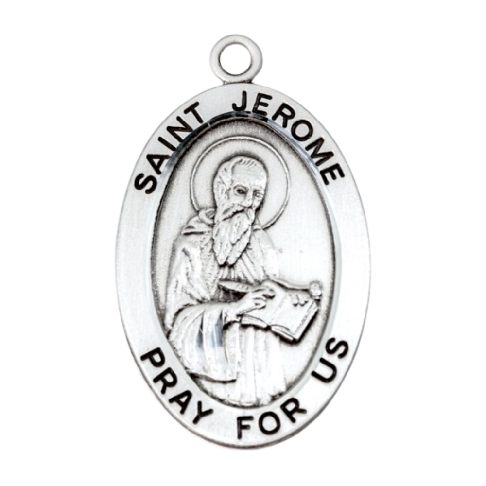 Saint Jerome Sterling Silver Oval Medal Necklace — 24" Chain, Gift Box Included