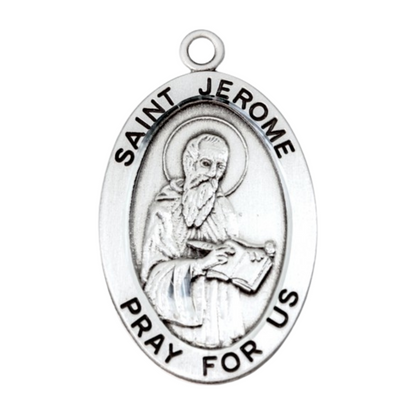 Saint Jerome Sterling Silver Oval Medal Necklace — 24" Chain, Gift Box Included