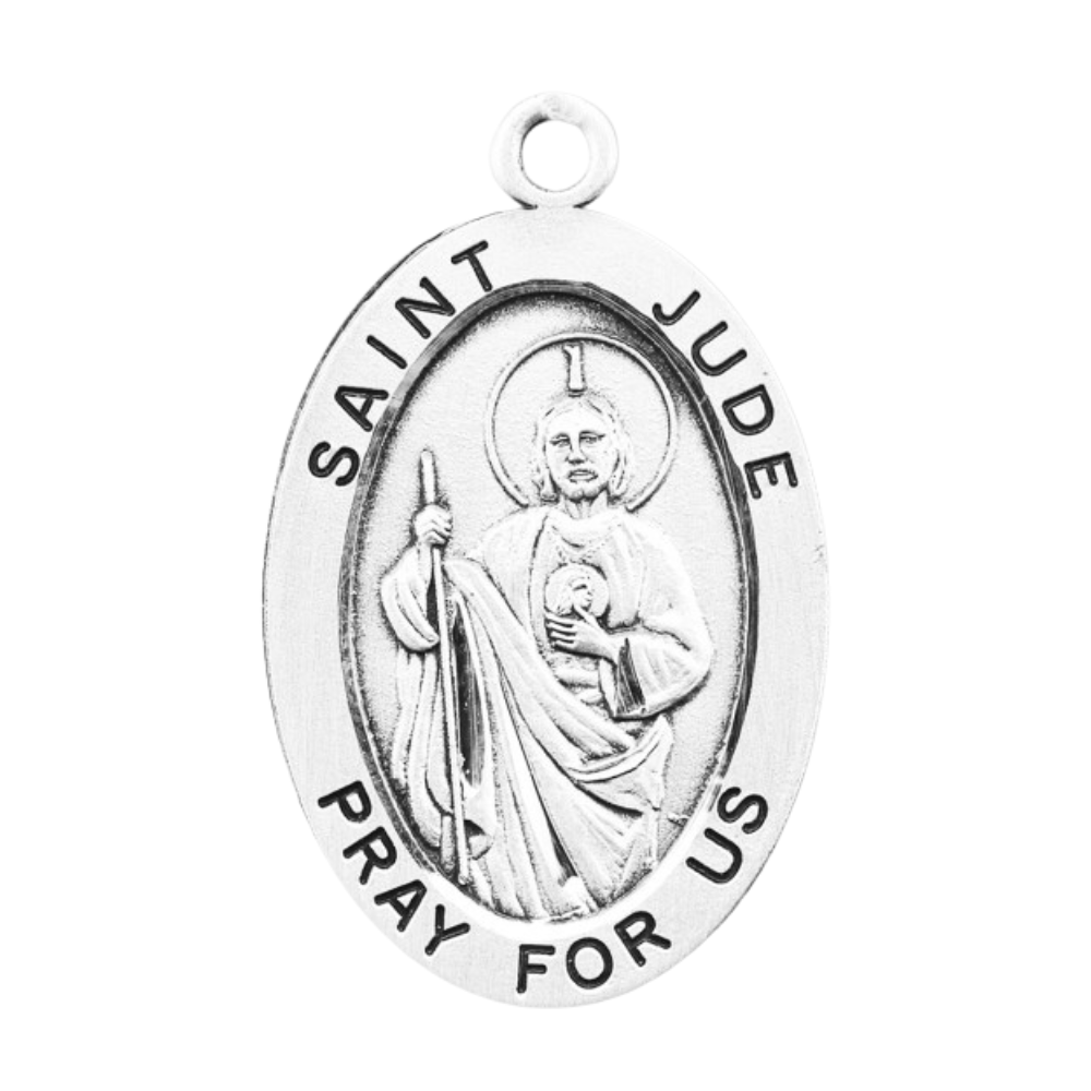Saint Jude Sterling Silver Oval Medal Necklace — 24" Chain, Gift Box Included