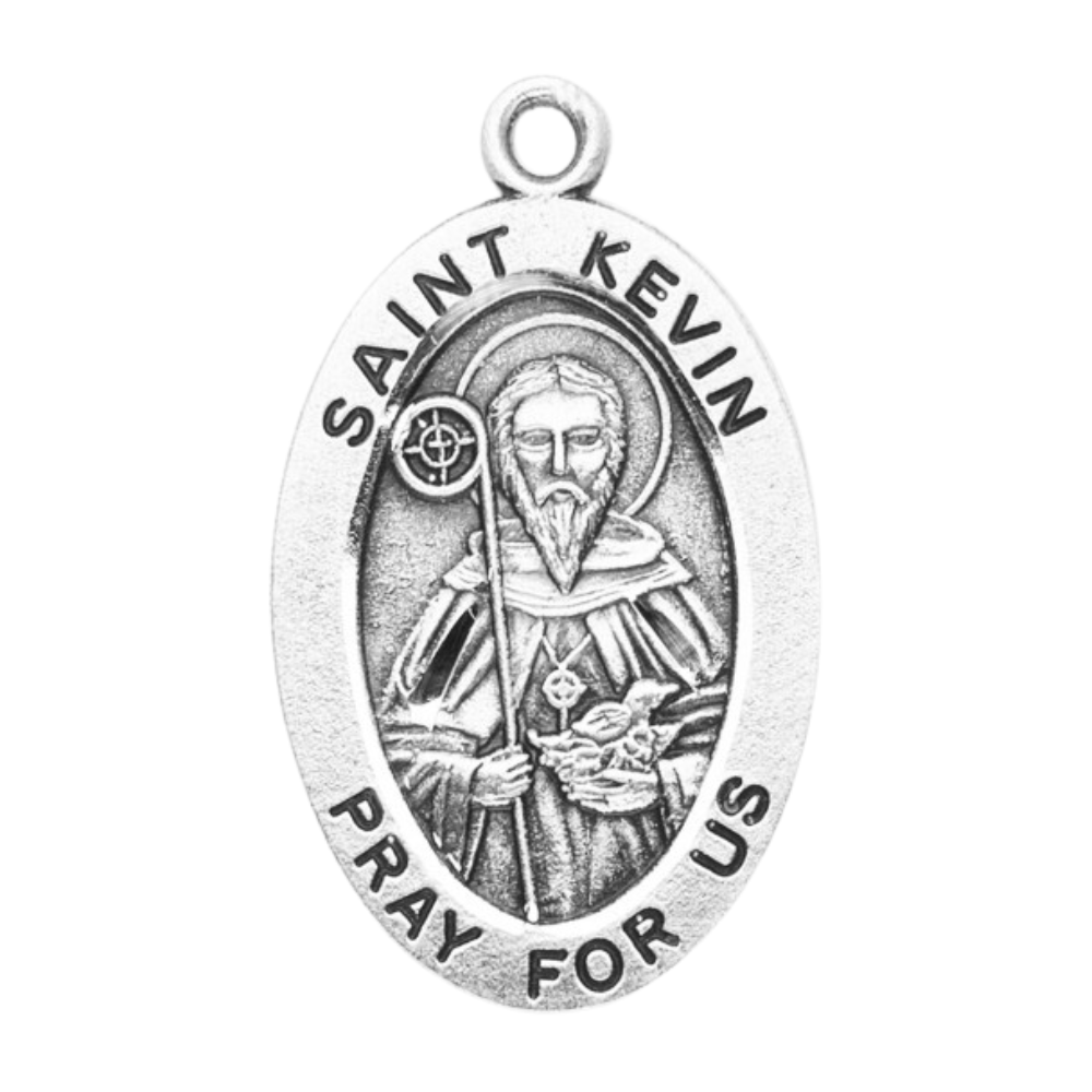 Saint Kevin Sterling Silver Medal — 24" Chain, Made in USA, Gift Box Included