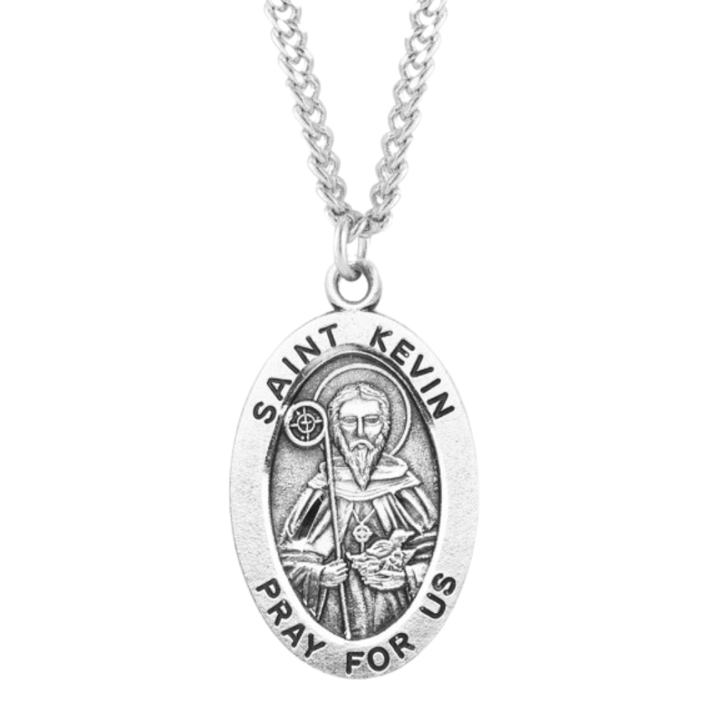 Patron Saint Kevin Oval Sterling Silver Medal, Catholic Gift, Made in USA