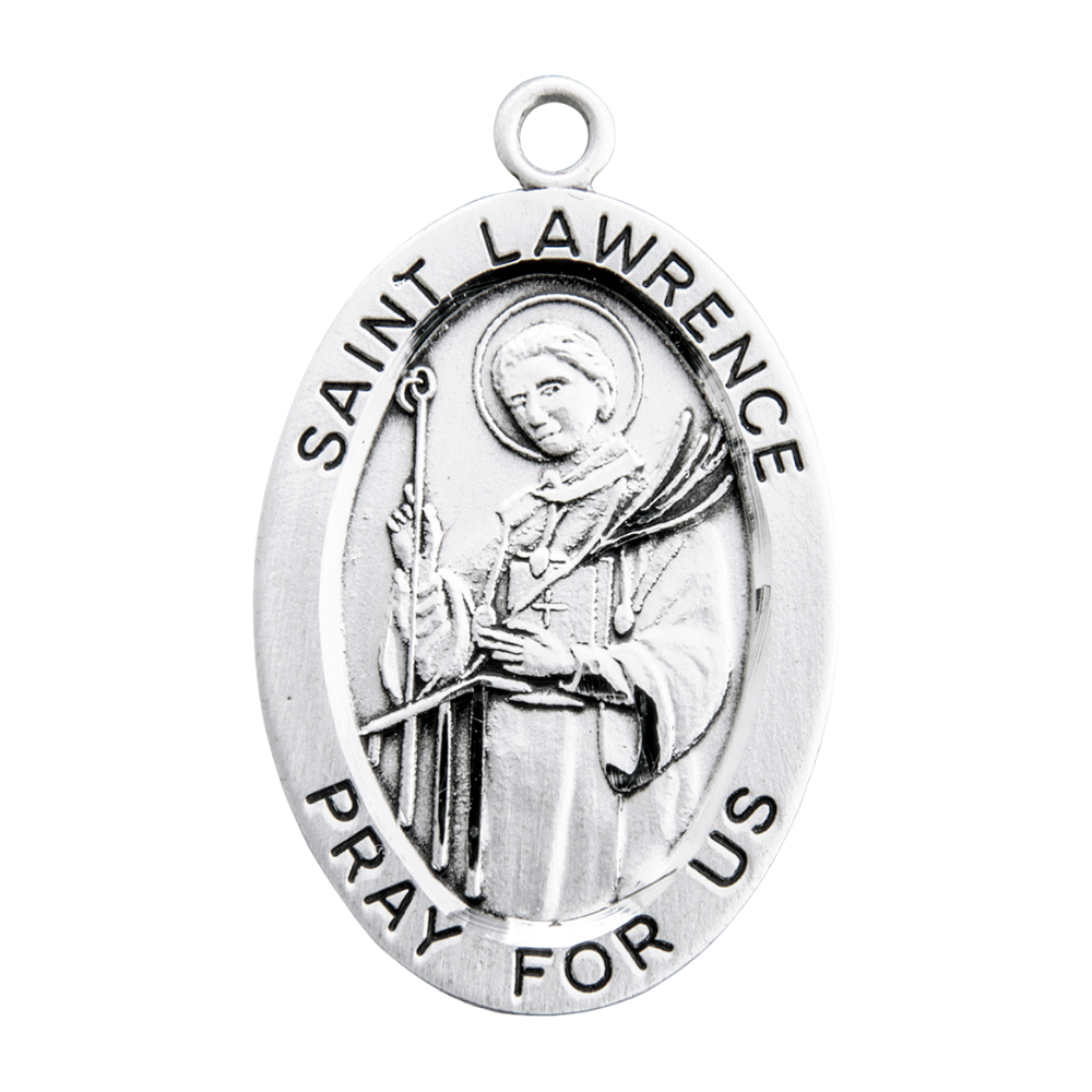 Saint Lawrence Sterling Silver Oval Medal Pendant — 24" Chain, Gift Box