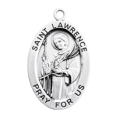 Saint Lawrence Sterling Silver Oval Medal Pendant — 24" Chain, Gift Box