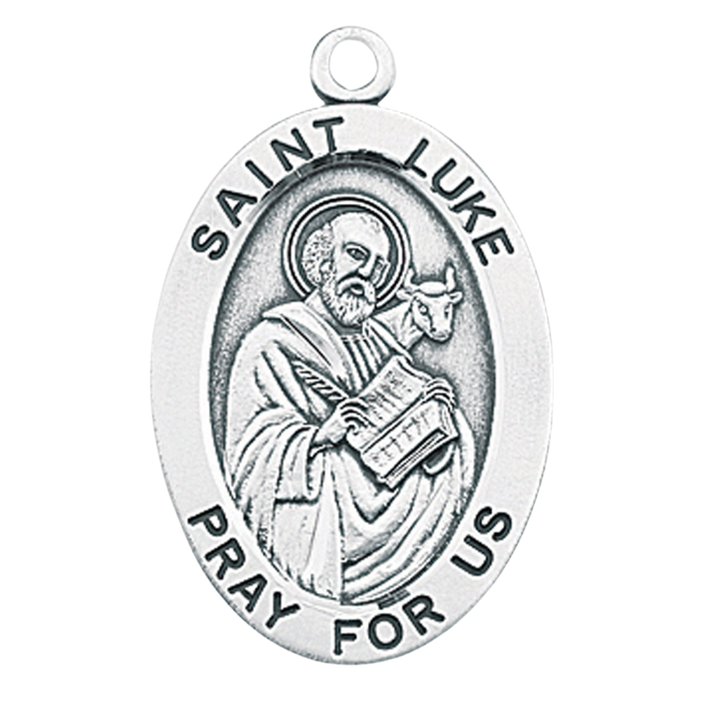 Saint Luke Sterling Silver Oval Medal Pendant — 24" Chain, Gift Box Included