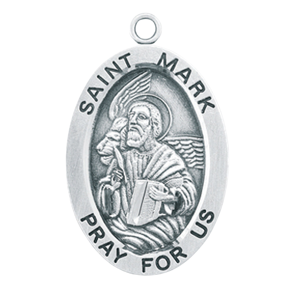 Saint Mark Sterling Silver Oval Medal Pendant — 24" Chain, Made in USA, Gift Box
