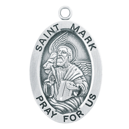 Saint Mark Sterling Silver Oval Medal Pendant — 24" Chain, Made in USA, Gift Box