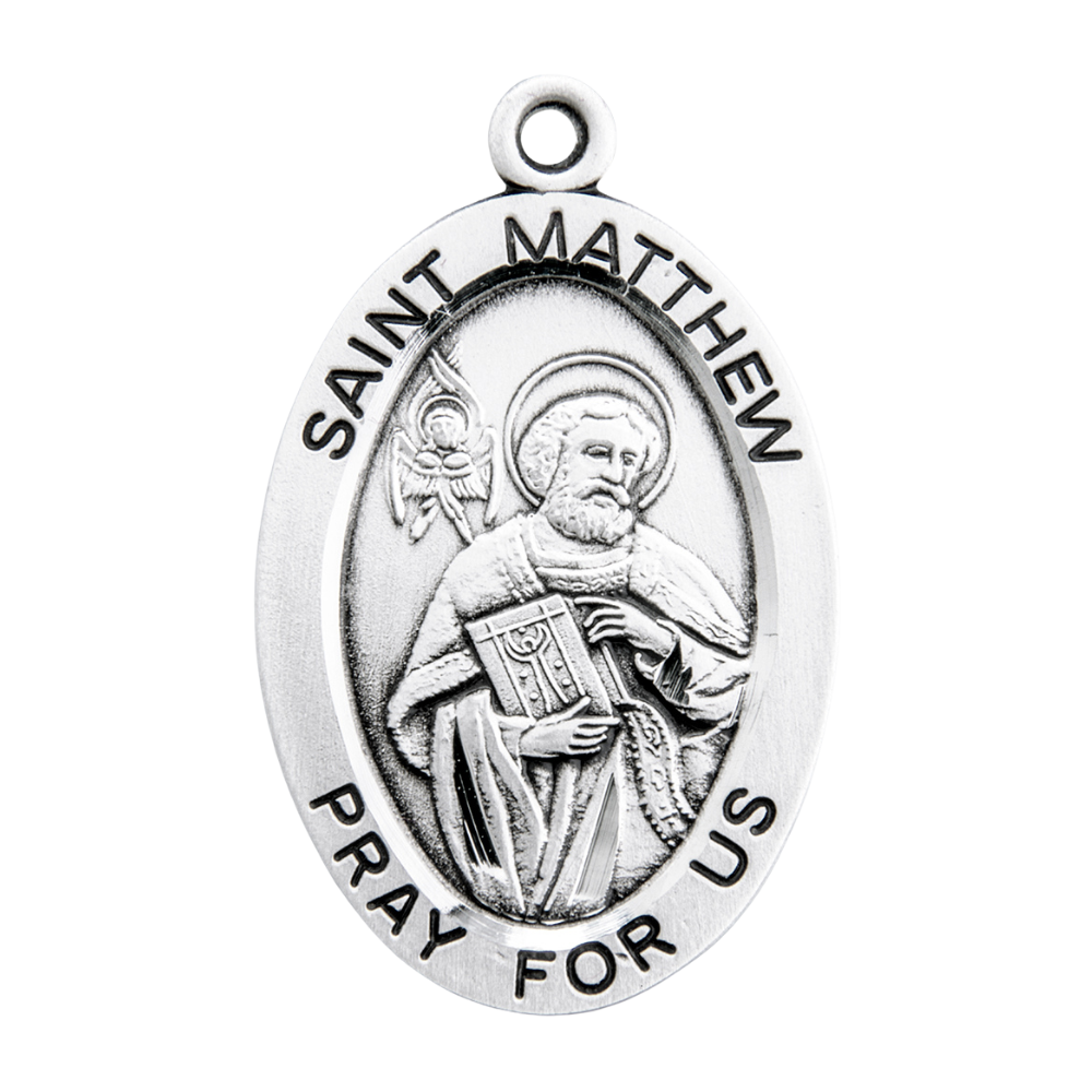 Saint Matthew Sterling Silver Oval Medal Pendant — 24" Chain, Gift Box Included