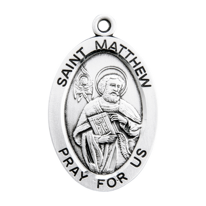 Saint Matthew Sterling Silver Oval Medal Pendant — 24" Chain, Gift Box Included