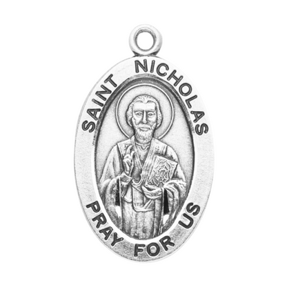 Saint Nicholas Sterling Silver Oval Medal — 24" Chain, Gift Box Included