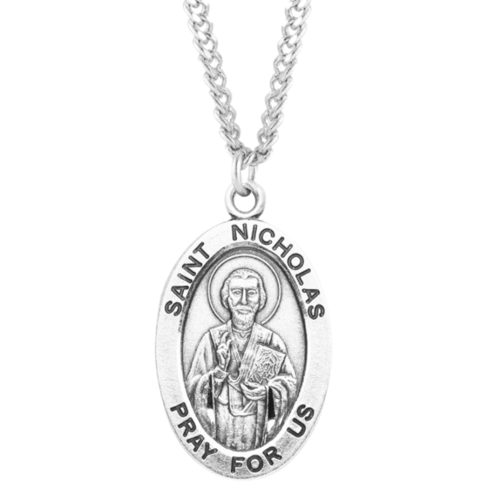 Patron Saint Nicholas Oval Sterling Silver Medal, Catholic Gift, Made in USA