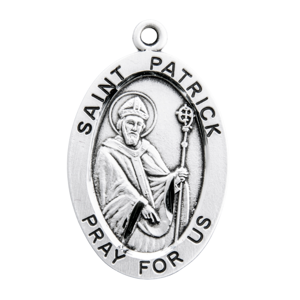 Saint Patrick Sterling Silver Oval Medal Necklace — 24" Chain, Gift Box Included