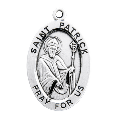 Saint Patrick Sterling Silver Oval Medal Necklace — 24" Chain, Gift Box Included