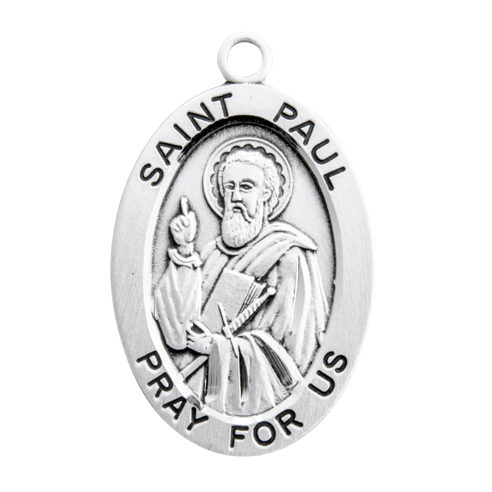 Saint Paul Sterling Silver Oval Medal Necklace — 24" Chain, Gift Box Included
