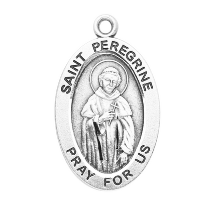 Saint Peregrine Sterling Silver Oval Medal Necklace — 24" Chain, Gift Box