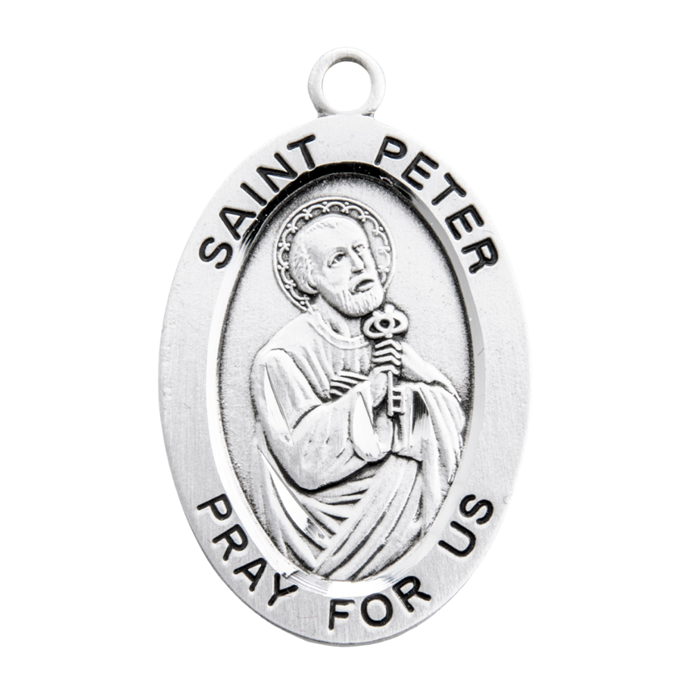 Saint Peter Sterling Silver Oval Medal Necklace — 24" Chain, Gift Box Included
