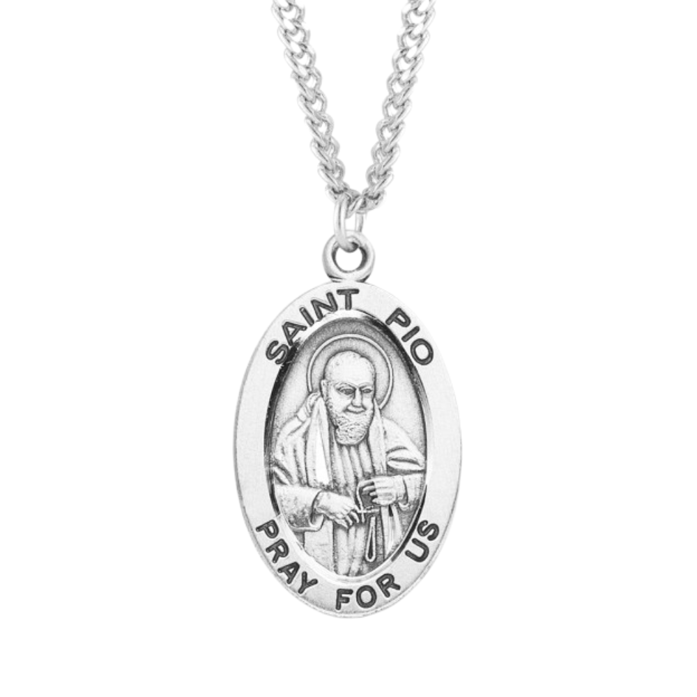 Patron Saint Padre Pio Oval Sterling Silver Medal, Catholic Gift, Made in USA