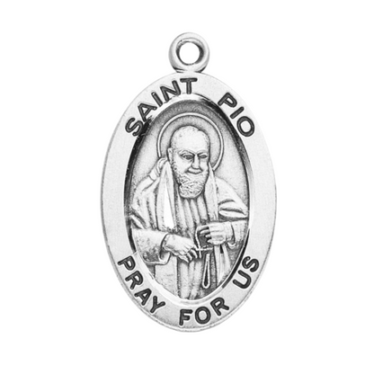 Saint Pio Sterling Silver Oval Medal Pendant — 24" Chain, Gift Box Included