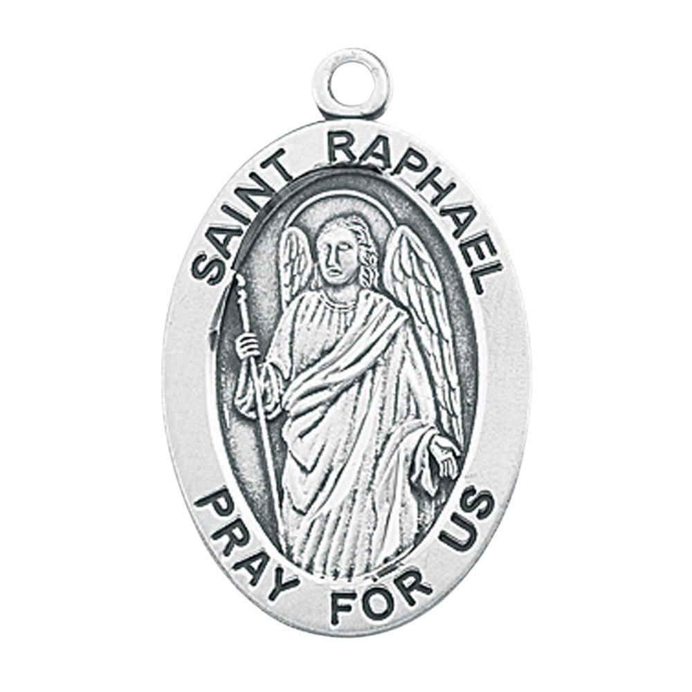 Saint Raphael Archangel Sterling Silver Oval Medal Pendant — 24 Inch Chain