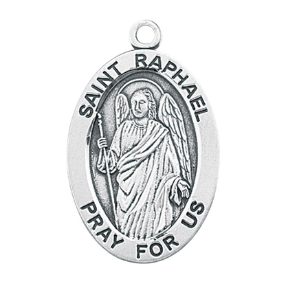 Saint Raphael Archangel Sterling Silver Oval Medal Pendant — 24 Inch Chain