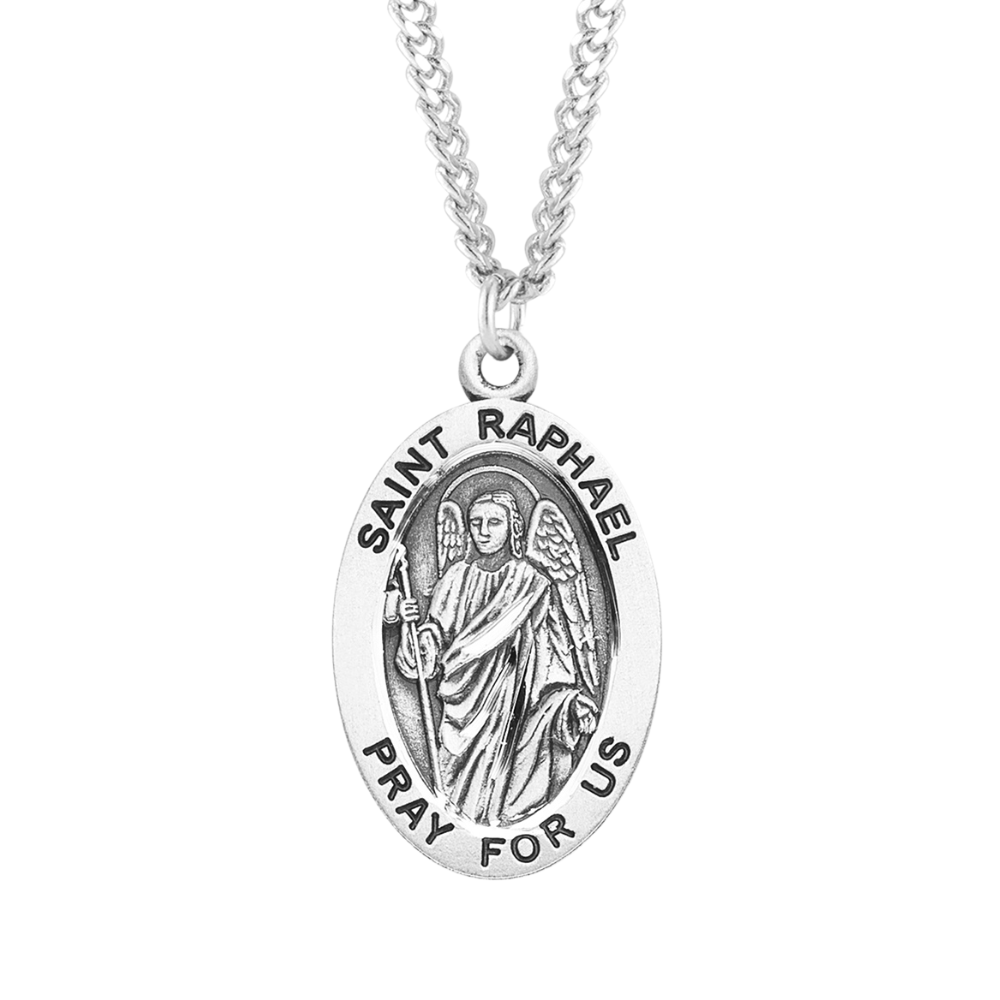 Patron Saint Raphael Archangel Oval Sterling Silver Medal, Catholic Gift, Made in USA