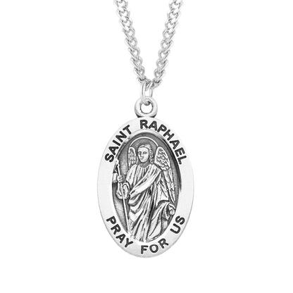 Patron Saint Raphael Archangel Oval Sterling Silver Medal, Catholic Gift, Made in USA
