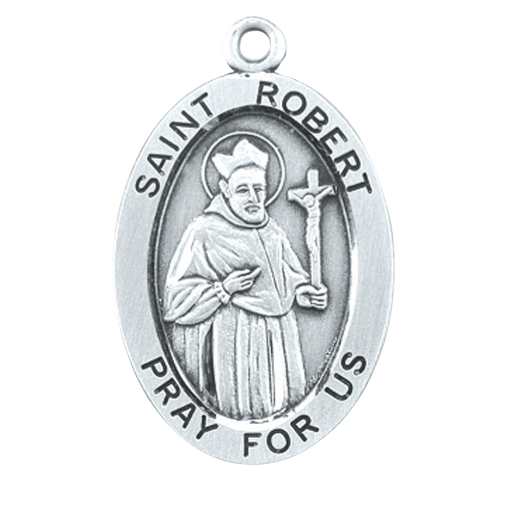 Saint Robert Sterling Silver Oval Medal Pendant — 24" Chain, Gift Box