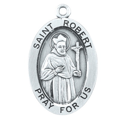 Saint Robert Sterling Silver Oval Medal Pendant — 24" Chain, Gift Box