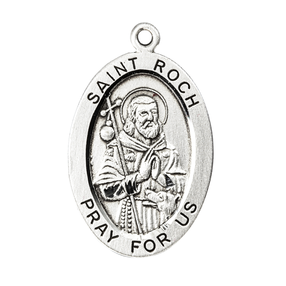 Saint Roch Sterling Silver Oval Medal Necklace — 24" Chain, USA Made, Gift Box