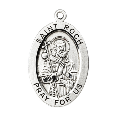 Saint Roch Sterling Silver Oval Medal Necklace — 24" Chain, USA Made, Gift Box
