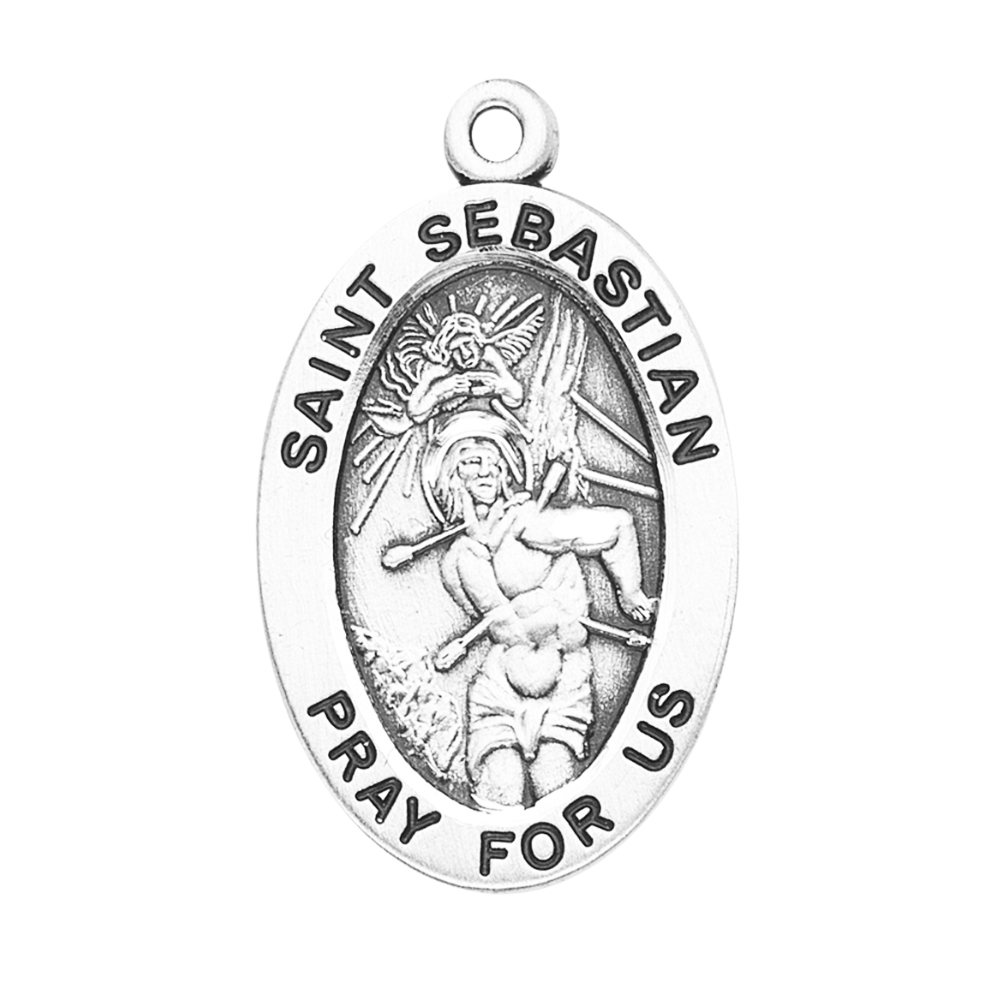 Saint Sebastian Sterling Silver Oval Medal Necklace — 24" Chain, Made in USA