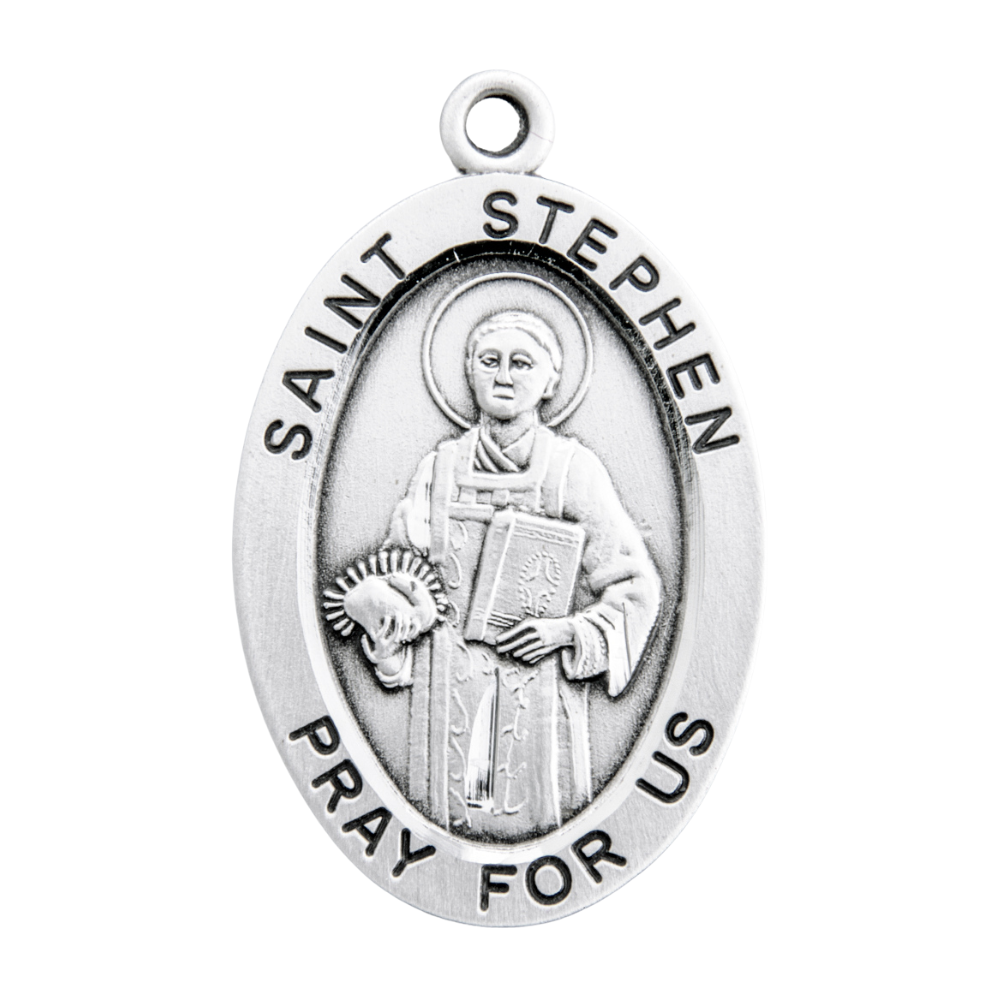 Saint Stephen Sterling Silver Oval Medal Necklace — 24" Chain, Gift Box Included