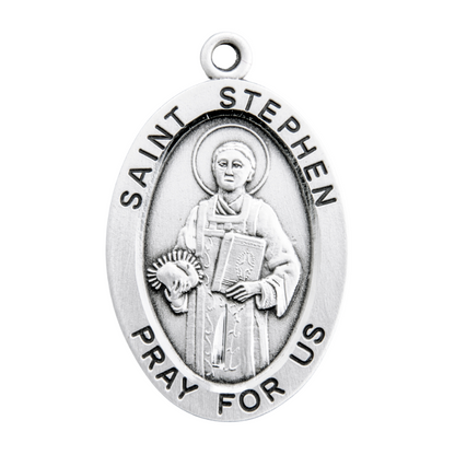 Saint Stephen Sterling Silver Oval Medal Necklace — 24" Chain, Gift Box Included