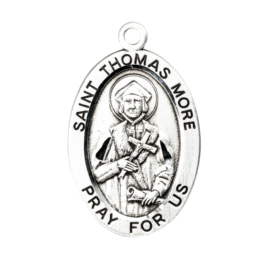 Saint Thomas More Sterling Silver Oval Medal Necklace — 24" Chain, Gift Box