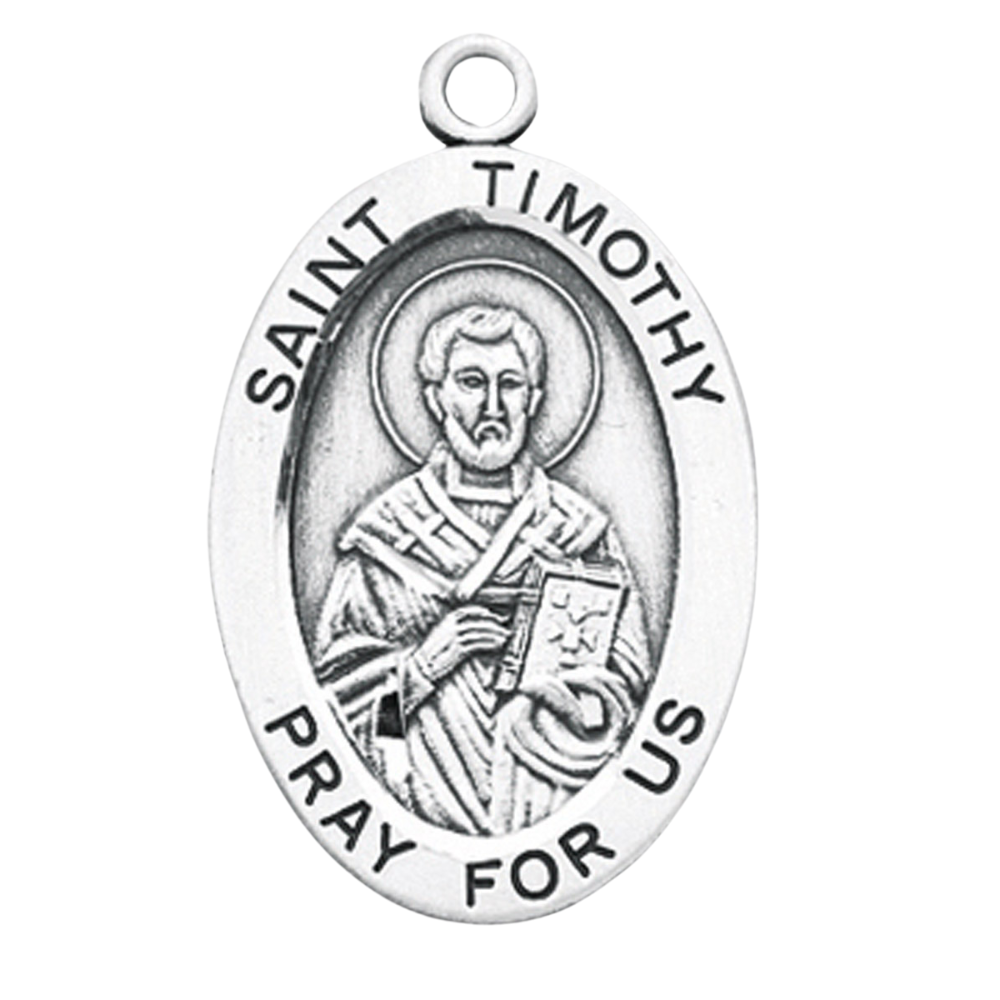 Saint Timothy Sterling Silver Oval Medal Necklace — 24" Chain, Gift Box