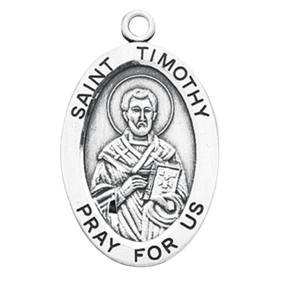 Saint Timothy Sterling Silver Oval Medal Necklace — 24" Chain, Gift Box