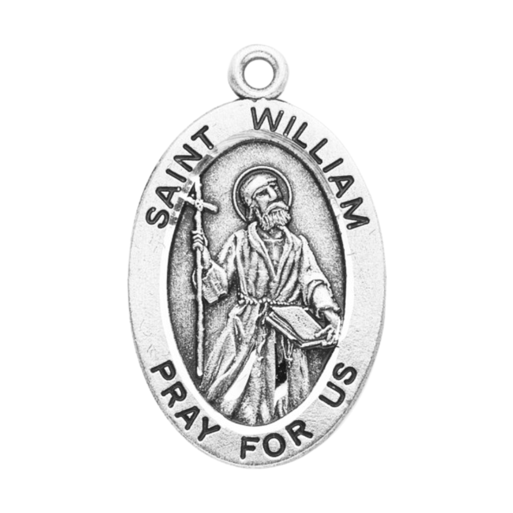 Saint William Sterling Silver Oval Medal Necklace — 24" Chain, Gift Box