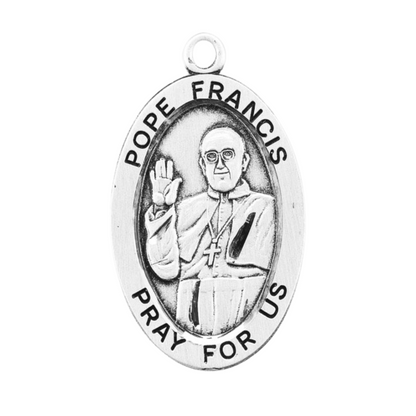 Pope Francis Oval Sterling Silver Medal Pendant — 24" Chain, Gift Box Included