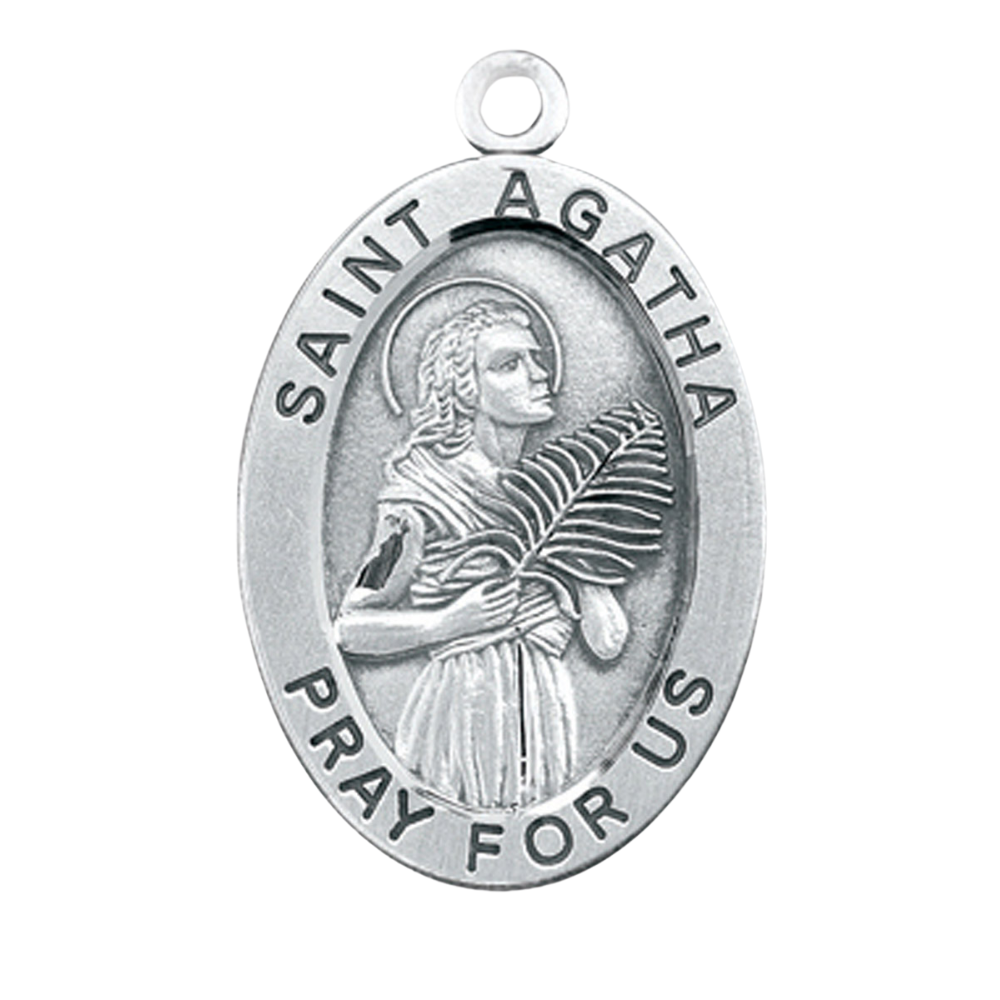 Saint Agatha Sterling Silver Oval Medal Necklace — 24 Inch Chain, Gift Box