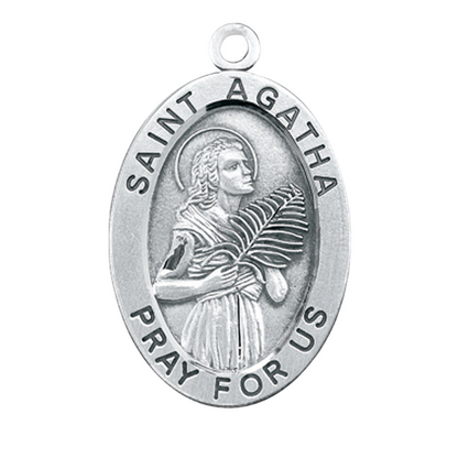 Saint Agatha Sterling Silver Oval Medal Necklace — 24 Inch Chain, Gift Box