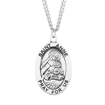 Saint Anne Sterling Silver Oval Medal Pendant Necklace — 24" Chain, Gift Box